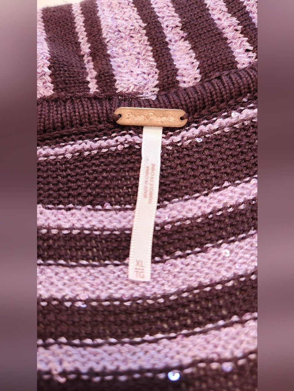 Free People Beach Bash Sweater Plum Chocolate Sequined Striped Size XL - Picture 5 of 15